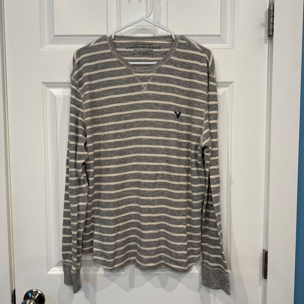 American Eagle Mens Size XL Striped Thermal Waffle Knit Long Sleeve Shirt Grey